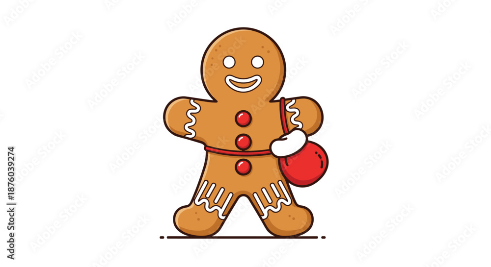 Obraz premium Cute cartoon gingerbread man cookie, smiling and holding a red bag, illustrated in a clean, simple style for the Christmas holidays.
