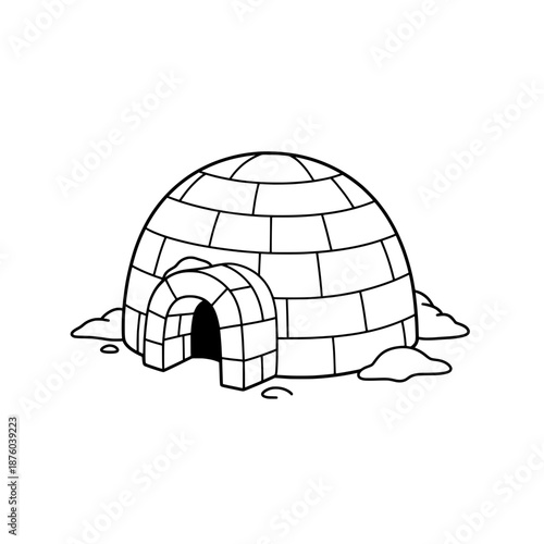 Cartoon-style image of an igloo composed of blocks, door visible and snowy surroundings
