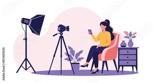 Female blogger or influencer recording a video for her channel, sitting in a chair and talking to a camera on a tripod in a studio setup.