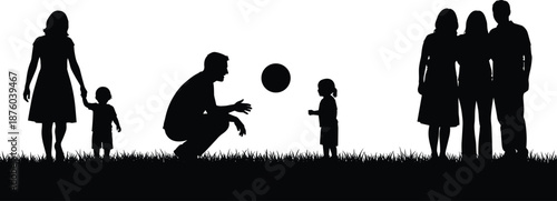 Silhouetted family groups including parents, children, and grandparents playing with a ball in a park, representing community, togetherness, and active outdoor lifestyle happiness