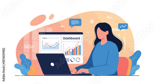 Businesswoman analyzing data on a laptop, viewing charts and graphs on a digital dashboard for business intelligence and analytics.