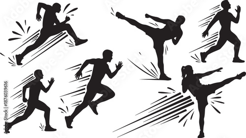Silhouette of people running and kicking in various poses
