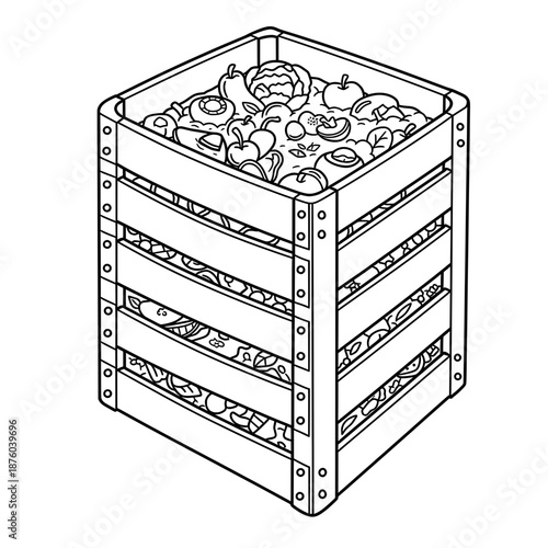 A wooden compost bin, full of organic waste like vegetables, fruits, leaves, for recycling