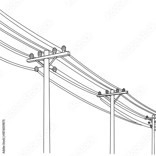 Power lines and poles in black outline, minimalist design. White background and clean