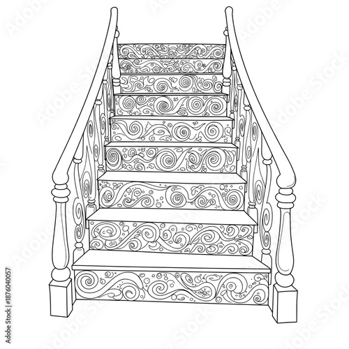 Ornate staircase with swirls and dots adorning steps and rails, a monochrome line art design