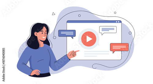 Young woman pointing to a large screen with a video player icon, illustrating a concept of video marketing or online tutorials.