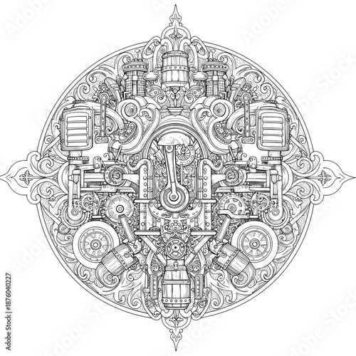 Steampunk inspired machine with intricate gears,pipes,tanks & ornate baroque pattern