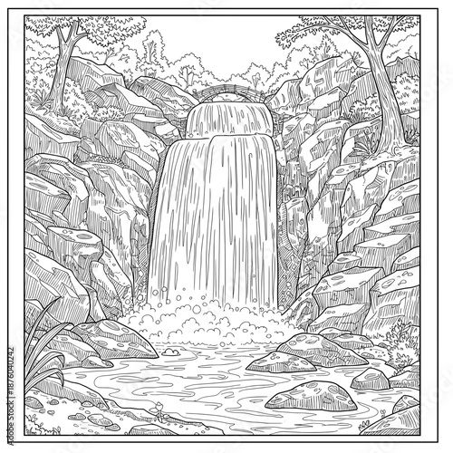 Scenic black & white illustration of a lush waterfall framed by rocky cliffs and trees