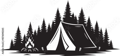 Camping in the woods with a tent and campfire