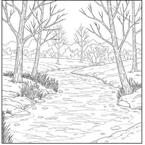 River flows through barren trees, shrubs, and grass in a line art style landscape