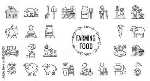 A large set of black and white line art icons related to farming, food, and agriculture, including animals, crops, and equipment.