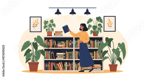 Young woman standing in a cozy library or bookstore, choosing a book from a large bookshelf surrounded by lush green houseplants.