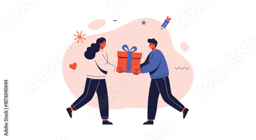 A young man gives a large, beautifully wrapped gift box to a happy woman, illustrating the joy of giving and receiving presents.