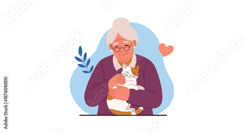 A happy and affectionate elderly woman with glasses, smiling as she lovingly hugs her cute and contented cat.