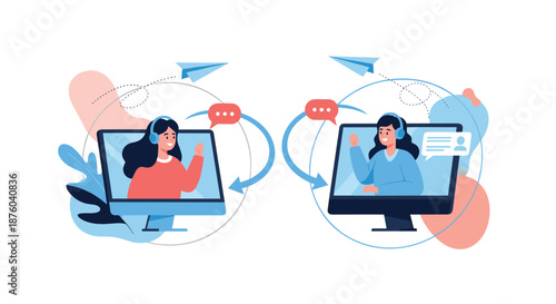 Two women with headsets having a conversation between two computer screens, illustrating online communication, support, or virtual friendship.