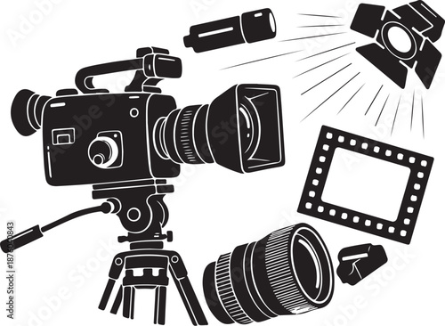 Film and photography equipment illustration with various tools available