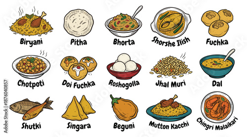Assorted traditional Bengali dishes displayed on a digital grid, showcasing various food items and culinary delights from the region.