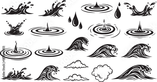 Water Droplets and Waves Icon Set in Black and White