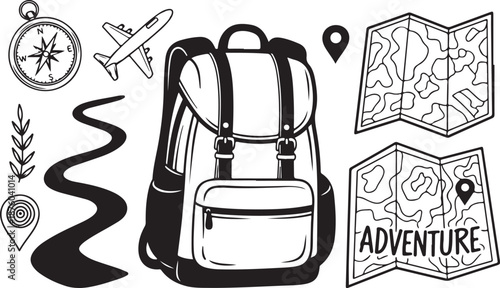 Travel and adventure icons with backpack and navigation tools