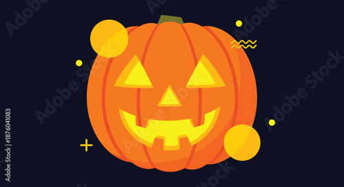 A fun and modern flat design illustration of a carved Halloween pumpkin, or jack-o'-lantern, glowing brightly on a dark background.