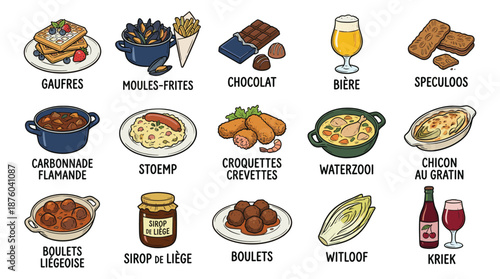 Assorted Belgian delicacies and beverages displayed on a clean white background