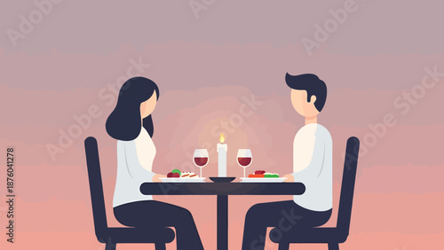 Couple Enjoying Romantic Dinner Date By Candlelight With Wine And Food At Table Against Gradient Sunset Sky Background