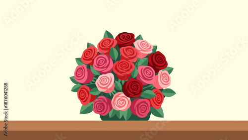 Beautiful Assortment of Red Pink and Crimson Rose Blooms in a Floral Arrangement on a Flat Surface