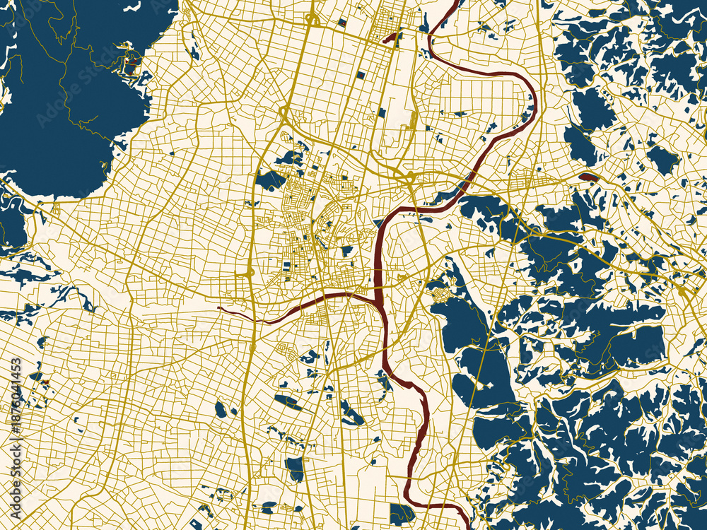 Fototapeta premium Poster-style map of Hanamaki, Japan using minimal cream and gold map
