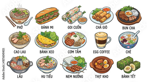 Assorted Vietnamese Dishes and Beverages Illustrated in a Grid Layout