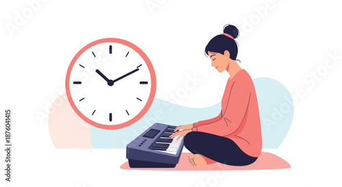 Young woman sitting cross-legged on the floor practicing the keyboard, with a large clock in the background symbolizing dedication.