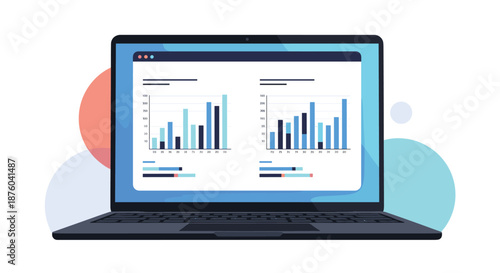 Laptop computer displaying a business data dashboard with various charts and graphs for financial analysis and marketing reports.