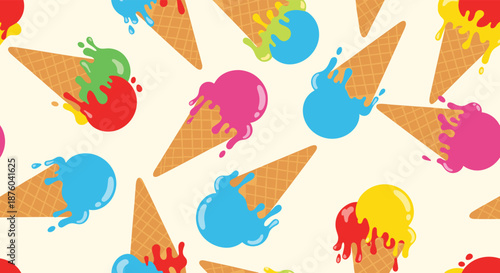Seamless pattern of colorful melting ice cream scoops in waffle cones, creating a fun and vibrant summer-themed background design.