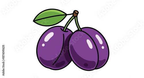 Simple and colorful cartoon illustration of two ripe purple plums with a green leaf, isolated on a clean white background.