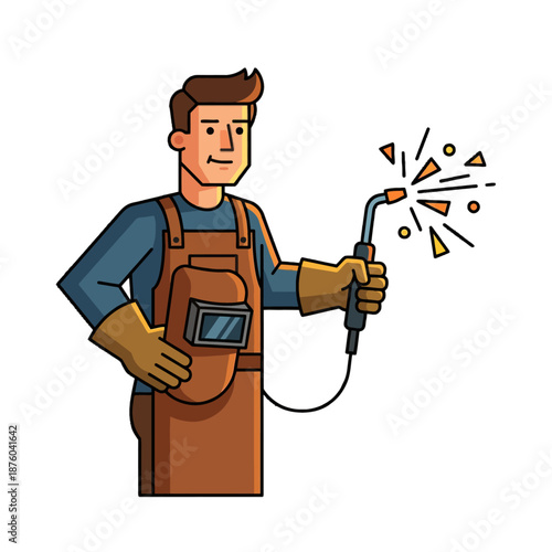 A male welder wearing protective gear, including an apron and gloves, is holding a welding torch that is emitting sparks.