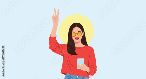 Happy young woman in sunglasses holding a smartphone and making a peace sign gesture, representing positivity and social media.