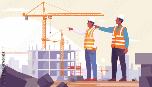 Two construction workers in hard hats and safety vests pointing in different directions at a building site with cranes.