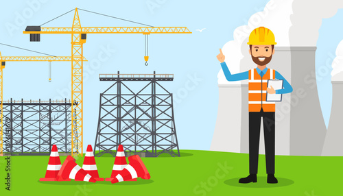 Construction site with cranes, scaffolding, traffic cones, and a construction worker giving a thumbs-up.
