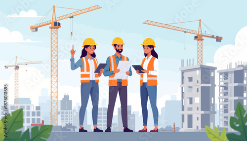 Three construction workers in hard hats and safety vests discussing plans on a tablet at a building site with cranes.