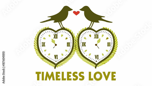 Romantic heart clock with loving birds and timeless love concept