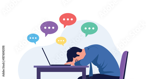Overworked and tired businessman experiencing burnout, resting his head on his laptop, overwhelmed by messages and notifications.