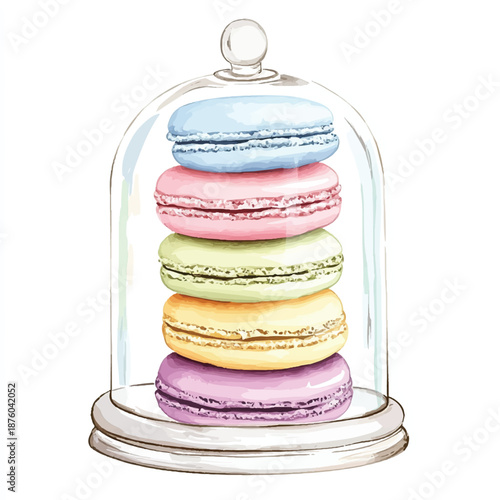 Watercolor illustration of colorful French macarons stacked under a glass cloche.
