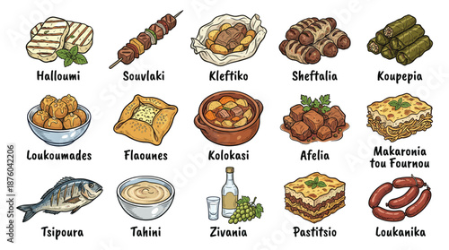 Assorted traditional Greek cuisine illustrations on a clean white background