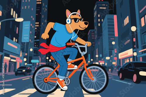 Cartoon dog riding bicycle at night in city with sunglasses, headphones, and modern streetwear.