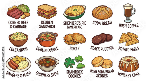 Assorted Irish cuisine icons including traditional dishes and beverages displayed on a digital grid layout