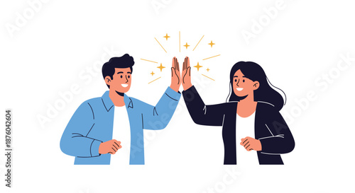 Happy man and woman celebrating a success or agreement with a high five, symbolizing teamwork, partnership, and achievement.