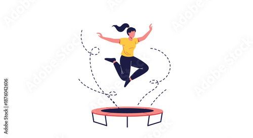 Happy young woman with a ponytail jumping high on a trampoline, illustrating concepts of joy, energy, freedom, and fun exercise.