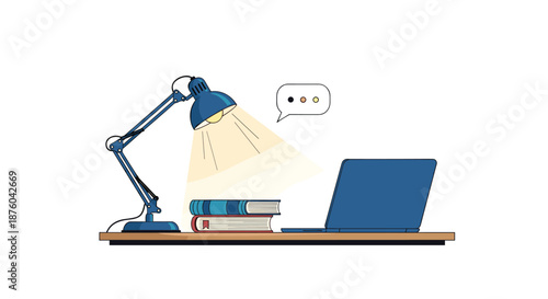 Cozy workspace setup with a desk lamp illuminating a stack of books and a laptop, illustrating a concept of studying or working.
