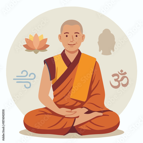 Friendly Buddhist Monk Portrait
A flat vector illustration of a friendly Buddhist monk smiling softly, wearing traditional robes. Simple background with lotus, Buddha silhouette, or mindfulness icons.