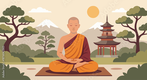 Buddhist Monk Meditating
A flat vector illustration of a Buddhist monk sitting cross-legged in meditation, wearing traditional robes. Eyes closed, calm posture. Simple temple or nature background. 