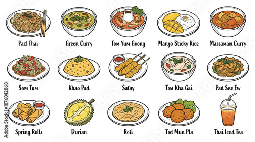 Assorted Thai cuisine illustrations featuring various dishes on plates from a top-down view